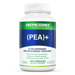 Bottle and label of Enzyme Science PEA+ Pea + Turmeric Curcumin Supplement, 120 capsules