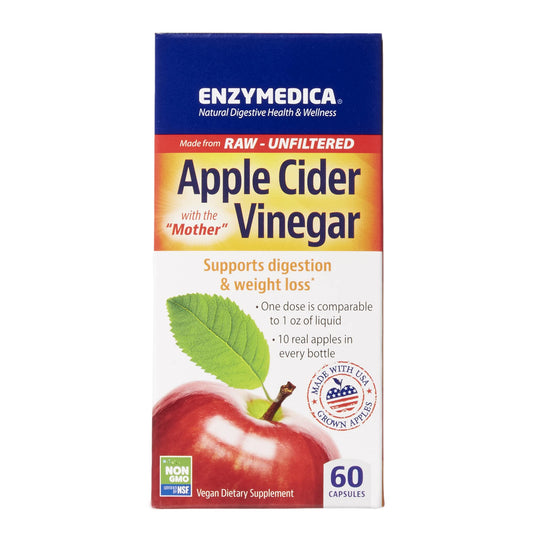 Enzymedica bottle front packaging showing ACV capsules for convenient digestion support