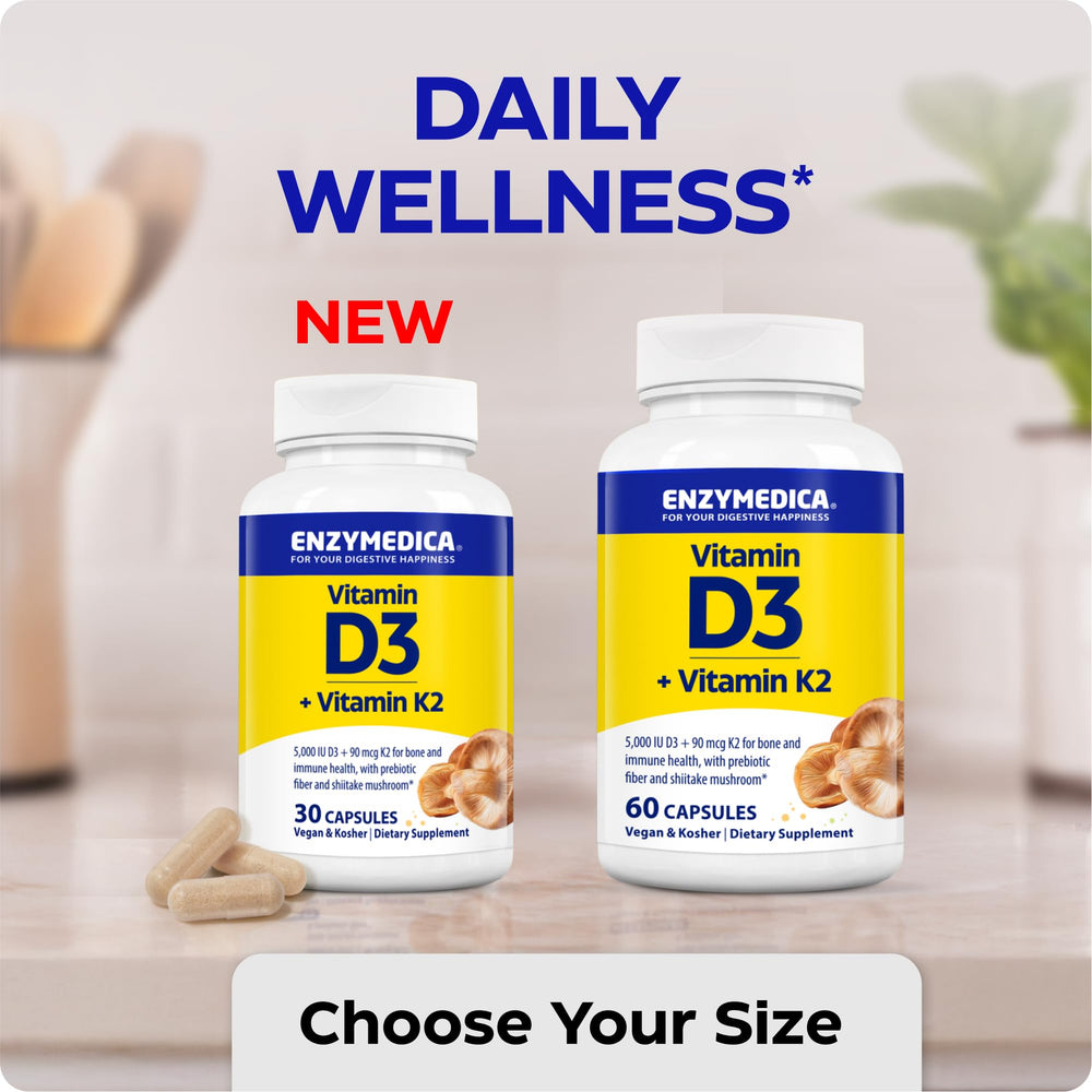Side view of Enzymedica Vitamin D3+K2 bottle