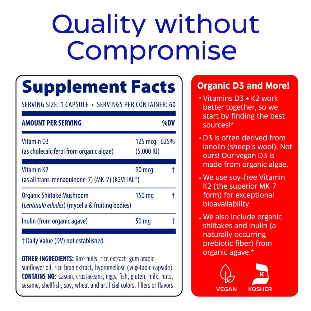 Nutritional information: 5,000 IU D3 and 90 mcg K2 MK-7