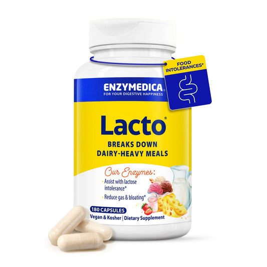 Enzymedica Lacto bottle with 180 capsules on white background