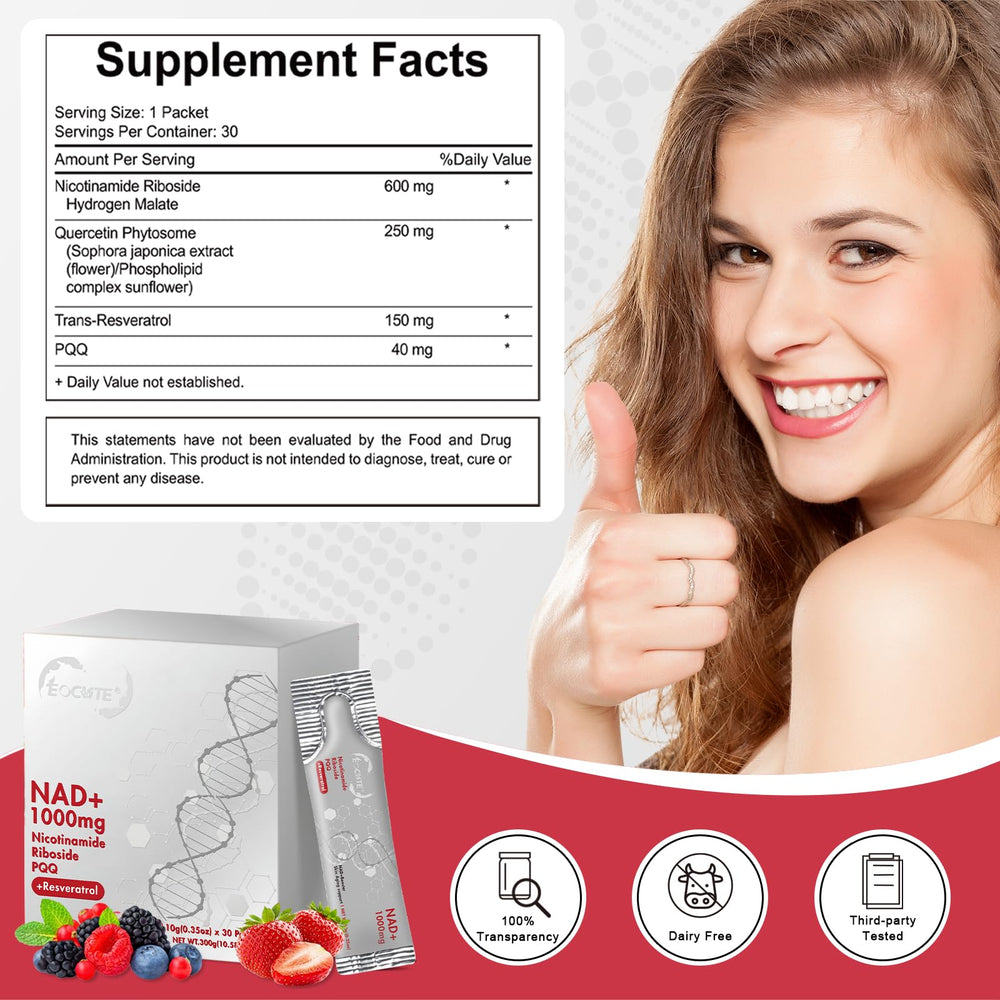 Ingredients: NR, resveratrol, quercetin and PQQ in the NAD liquid