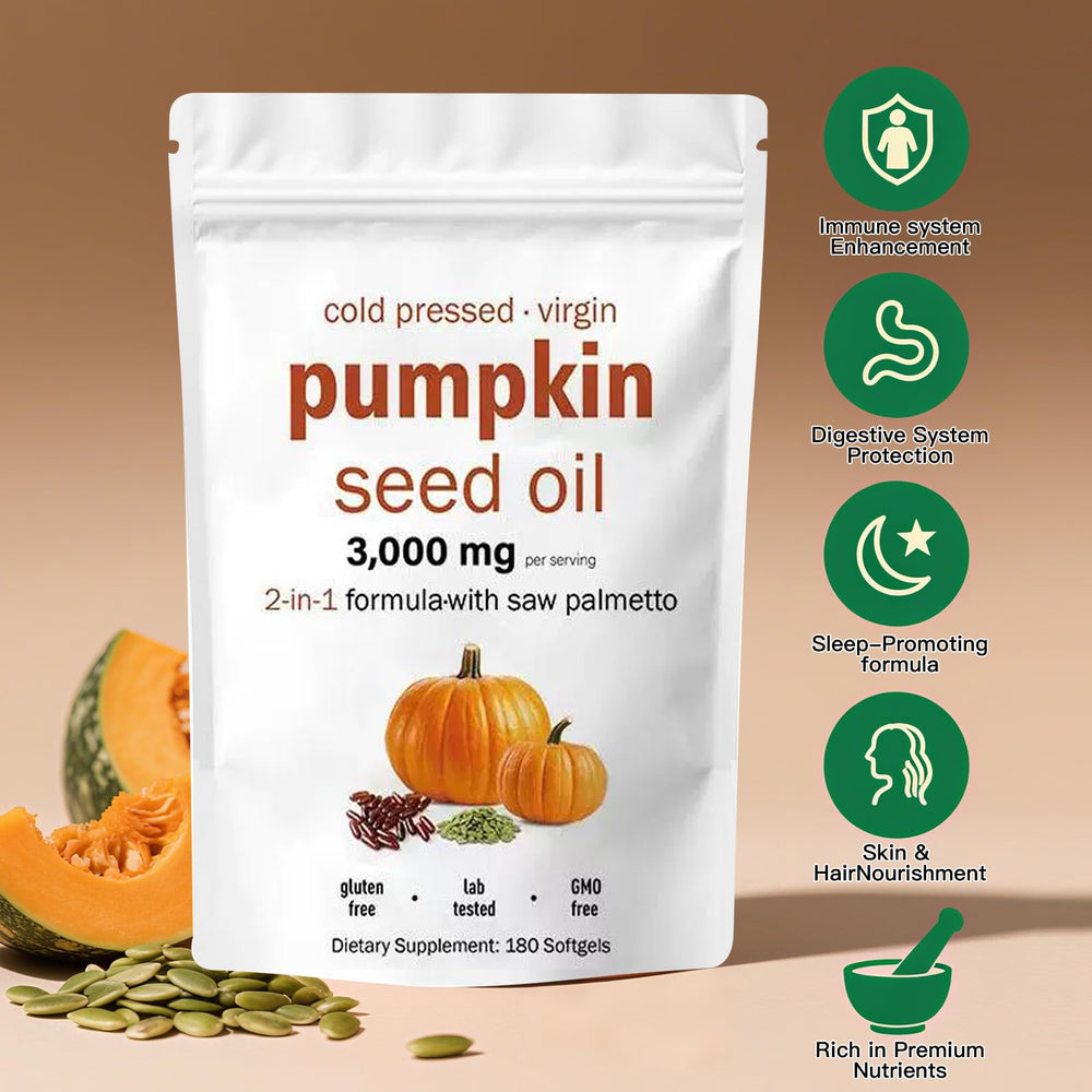 Front label highlighting 3000mg pumpkin seed oil per serving