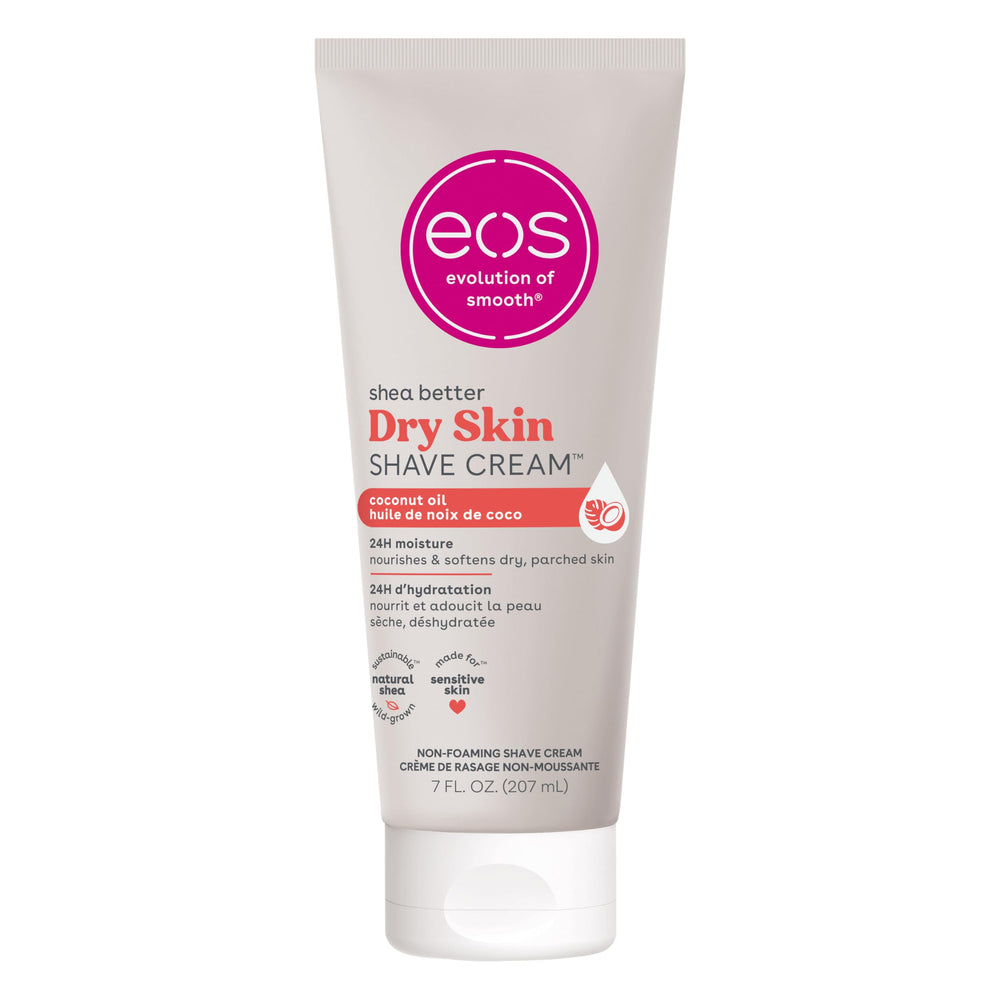 eos Shea Better Dry Skin Shaving Cream tube closeup showing rich hydration