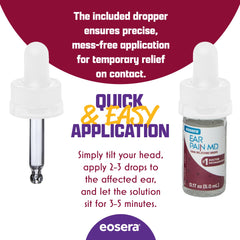 Eosera Ear Pain MD box demonstrates simple 3-step ear care for at-home relief