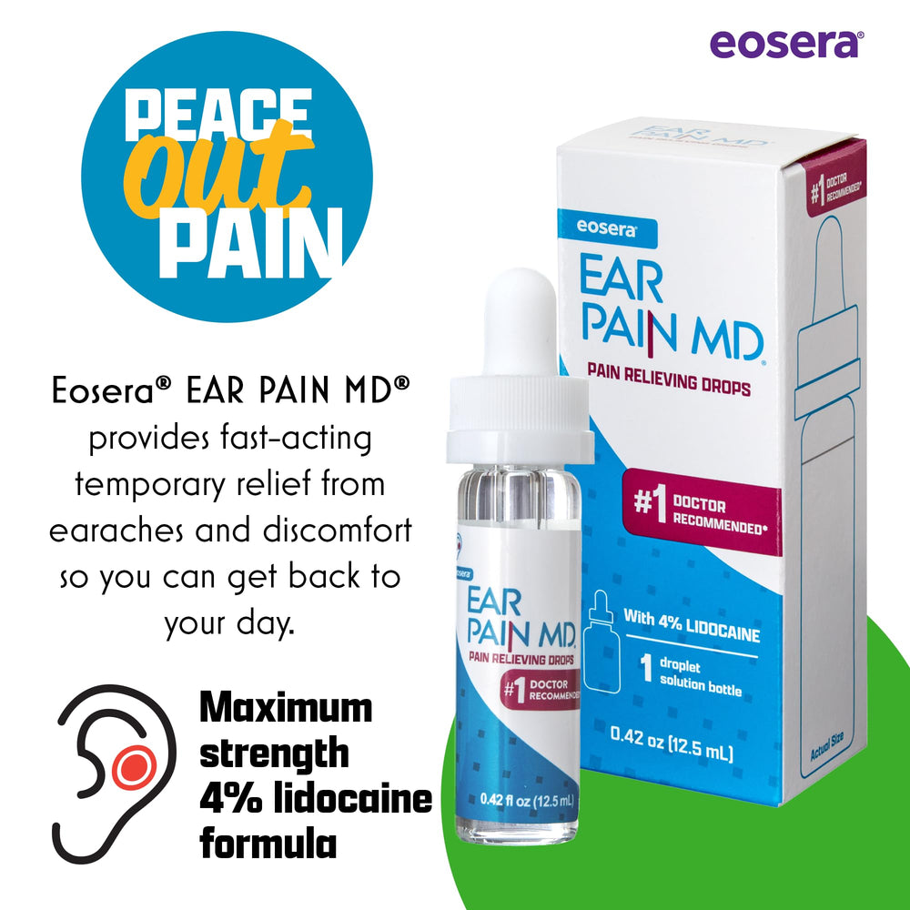 Ear Pain MD dropper application shows simple 3-step use for fast relief