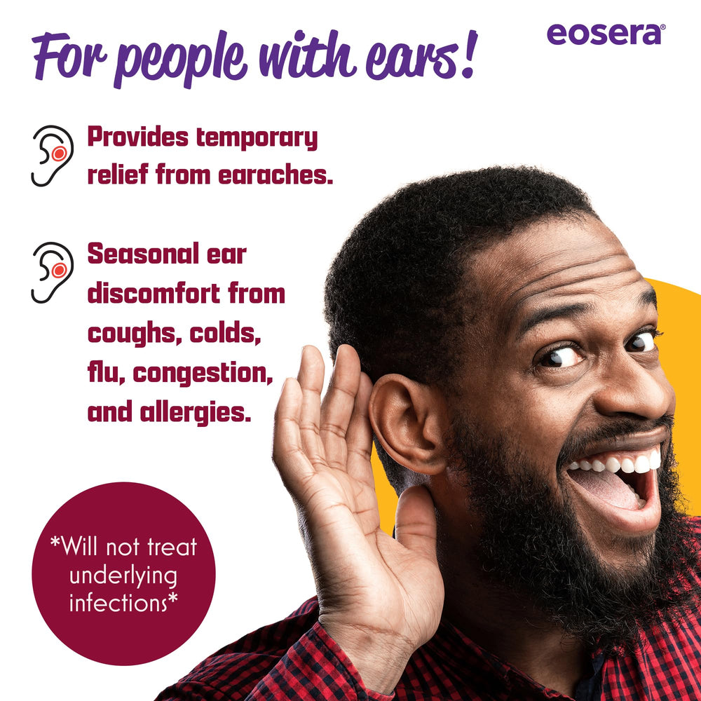 Eosera Ear Pain MD kid-friendly application highlighting temporary relief for pediatric earaches