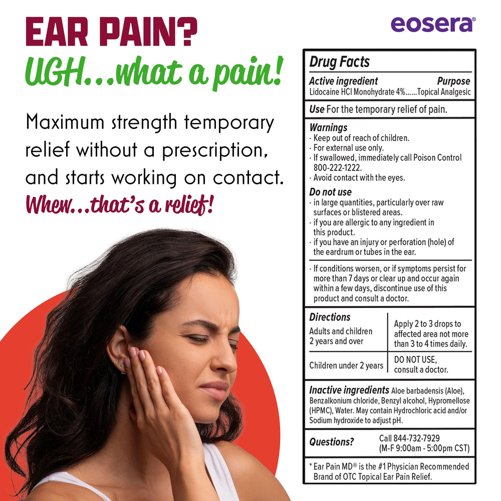 Eosera Ear Pain MD 5 mL packaging signaling USA-made quality for reliable at-home care