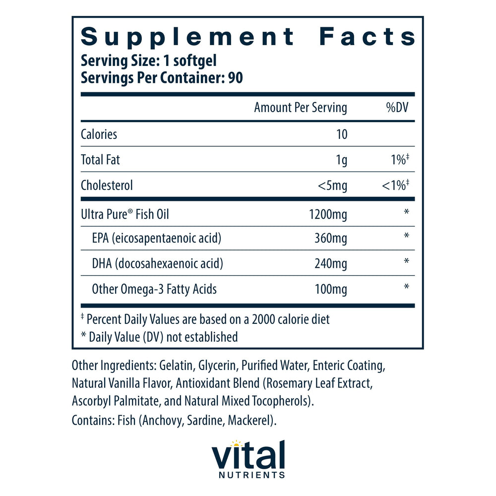 Label showing 360 mg EPA and 240 mg DHA per softgel