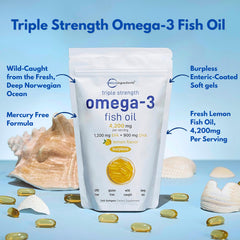 Graphic showing EPA 1200mg and DHA 900mg per serving of omega-3.