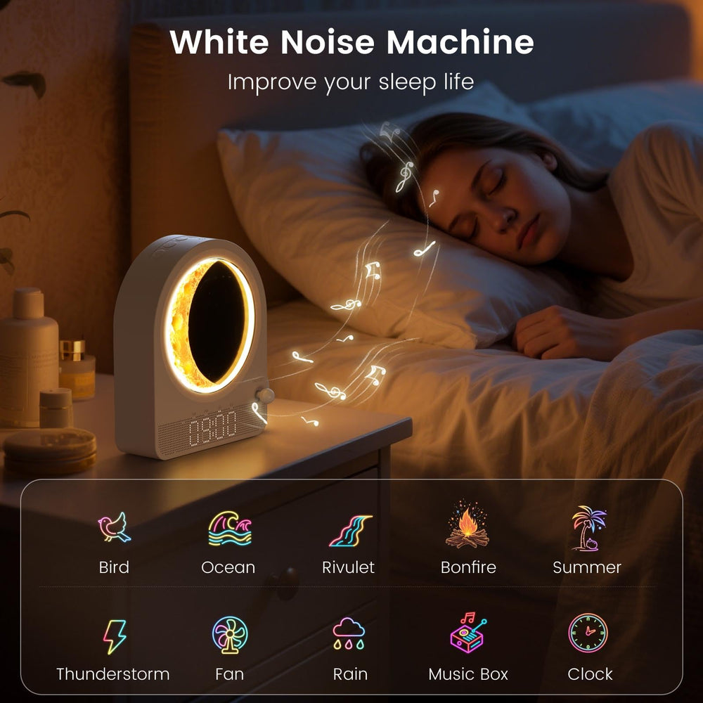 Epochleno Sunrise Alarm Clock timer shows 30/60/90 minute auto-shutdown for customizable sessions.
