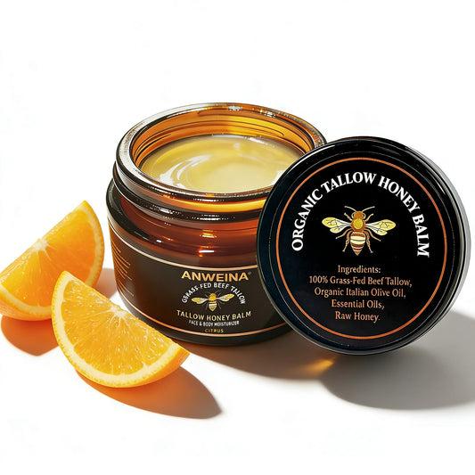 Eqimznv Beef Tallow Balm bottle pour showcases hydrating citrus skin care.
