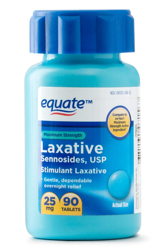 Equate Maximum Strength Laxative bottle front, travel-friendly packaging for occasional relief.
