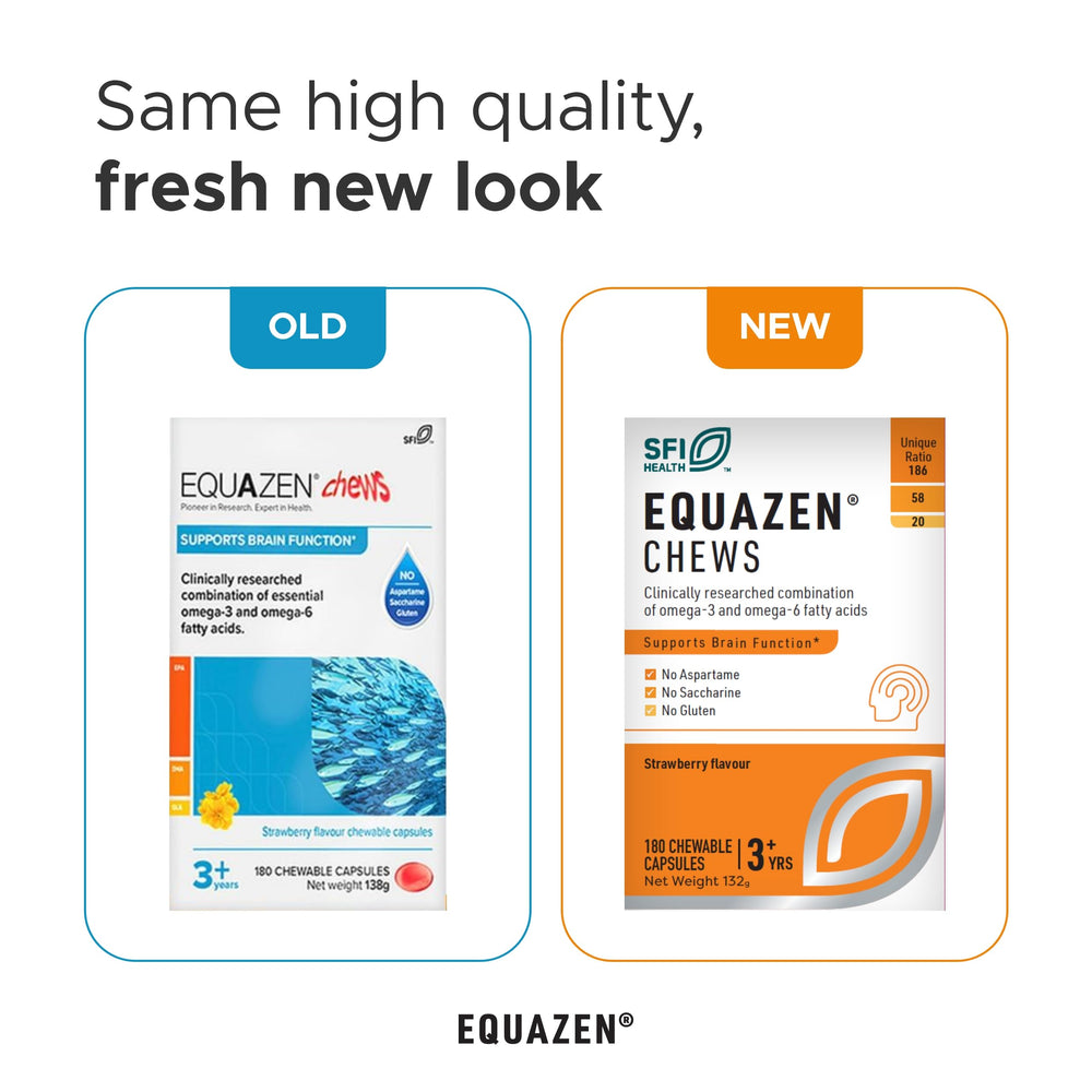 Equazen Eye Q Chews bottle back nutrition panel listing omega-3 and omega-6 oils