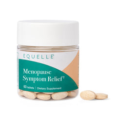 Equelle bottle with label suggesting hormone-free menopause support for hot flashes.