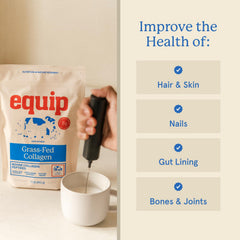 Equip Foods hydrolyzed collagen peptides jar shows premium quality and fast mixing