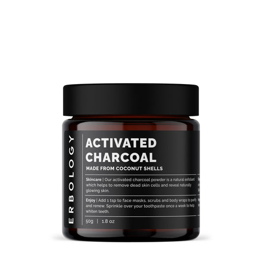 Front view of Erbology Activated Charcoal Powder in a glass jar