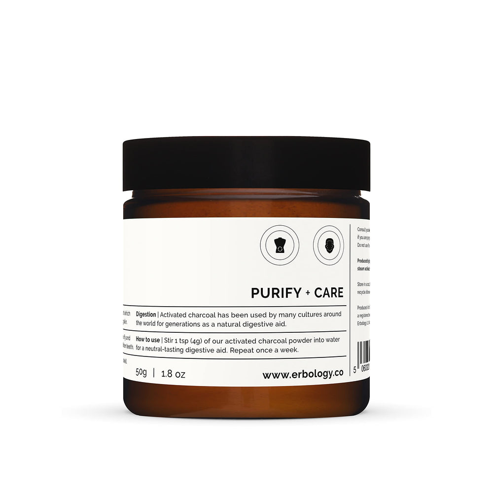 Product label close-up for Erbology Activated Charcoal Powder