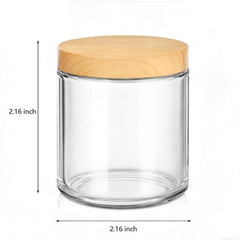 Closeup of clear jar with woodgrain lid showing leakproof design.