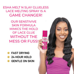 Esha Melt N Slay wig closure in use highlights quick-dry mist for on-the-go fixes