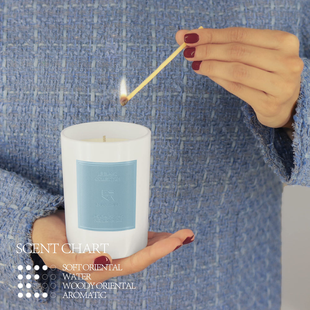 ESNA HOME hand poured candle on table creating a peaceful, relaxing home moment