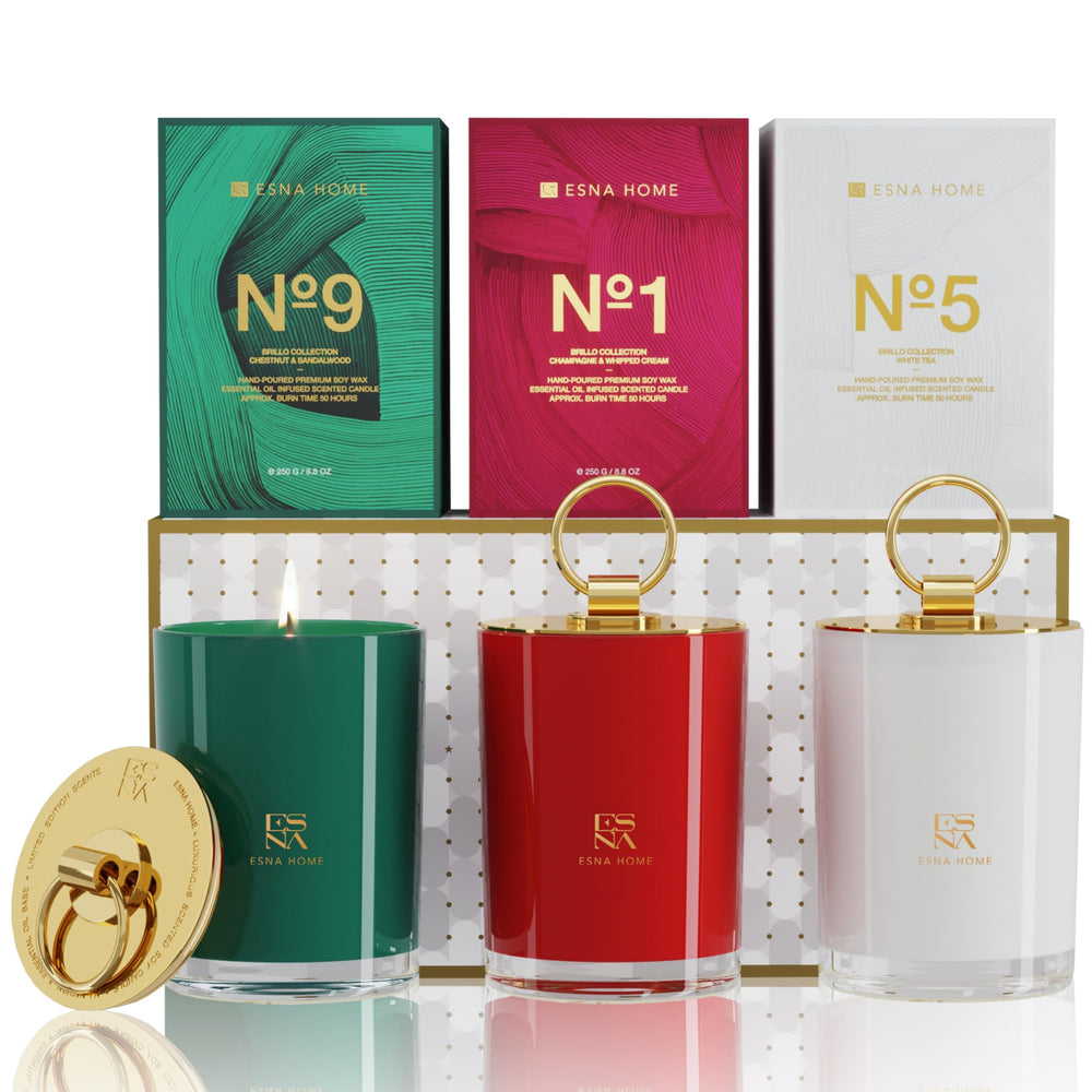 ESNA HOME trio gift set candles in box for cozy home ambiance.