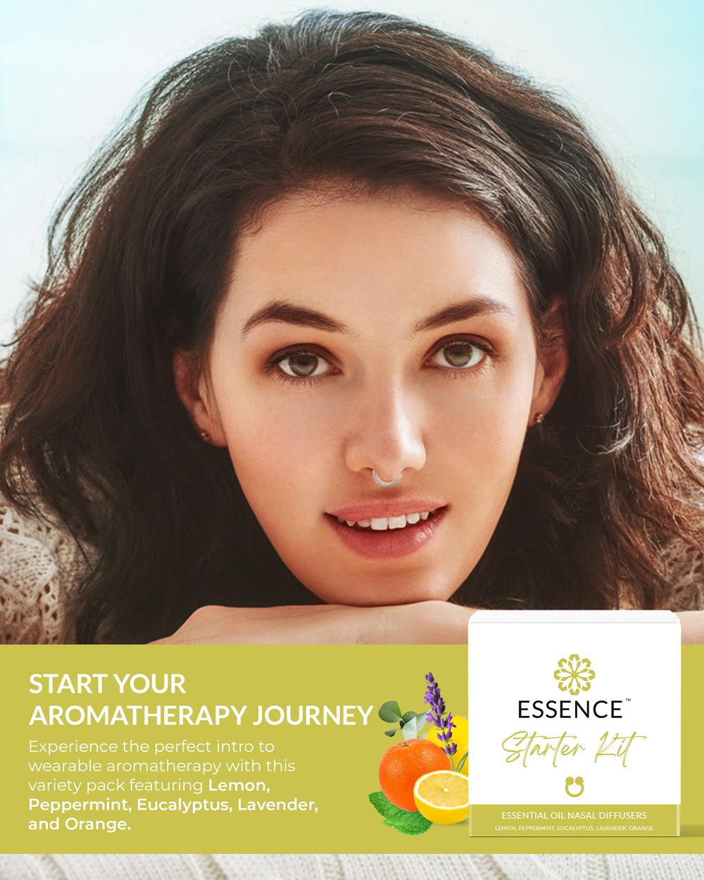 Close-up of Essence Starter Kit showing five essential oil blends