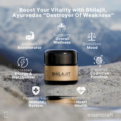 Essencraft Shilajit resin dissolves smoothly in warm water, earthy aroma