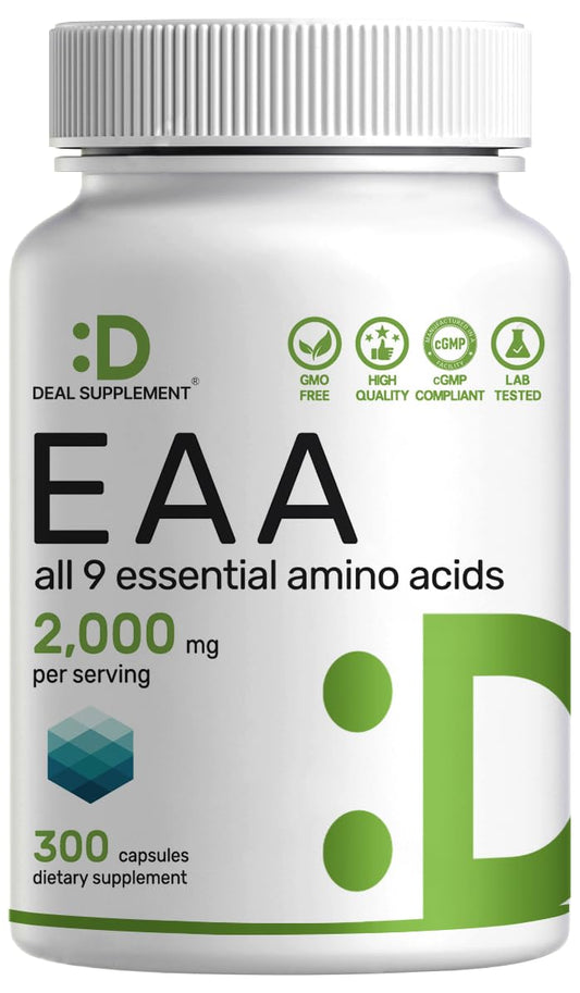 Bottle of Essential Amino Acids EAA 2000mg – 300 capsules, unflavored