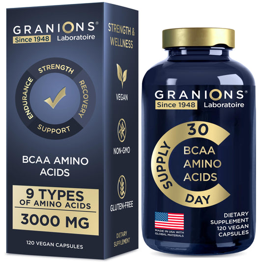 Bottle of Essential Amino Acids supplement with 120 vegan capsules