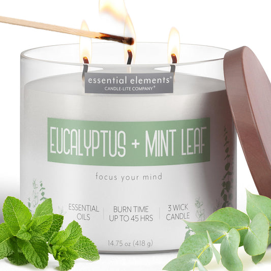 Front view of Essential Elements Eucalyptus & Mint Leaf 14.75 oz three-wick candle
