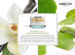 Vanilla & Sandalwood candle burning in a cozy room
