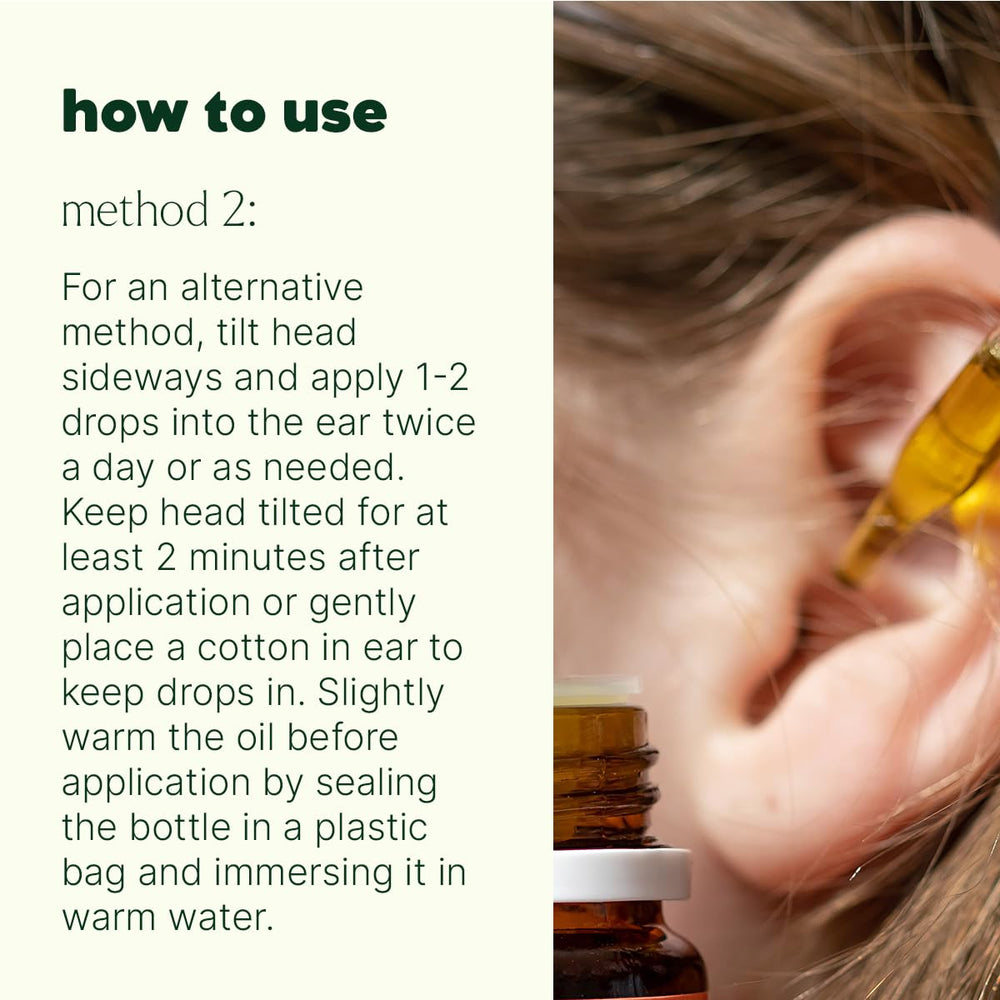 Ingredients of Ear Relief essential oil blend: lavender, rosalina, tea tree, palmarosa, roman chamomile, hemp seed carrier oil