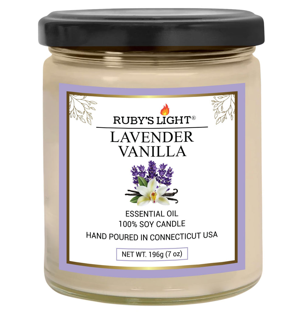 Essential Oil Candle lavender-vanilla jar delivers a calming aroma for relaxation.