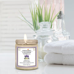 Essential Oil Candle room-scene lavender-vanilla creates cozy ambiance and sleep-friendly mood.