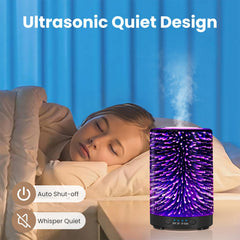 Whisper-quiet ultrasonic mist emanating from glass diffuser in a home setting