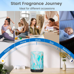 Diffuser emitting mist with blue LED glow in a calm room