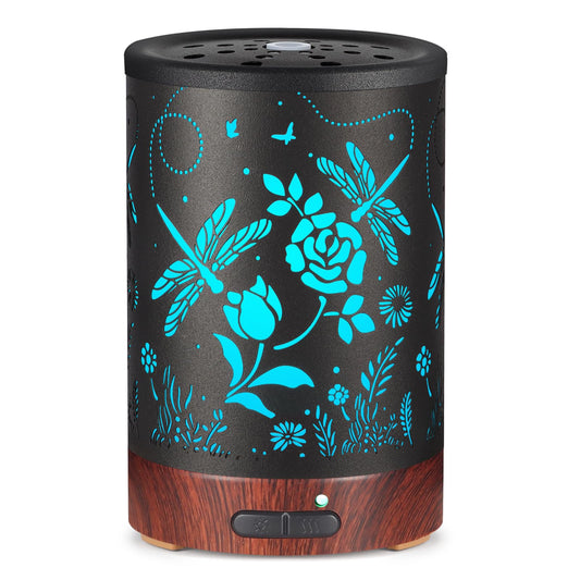 Essential Oil Diffuser with Roses and Dragonflies design and 7 color LED lights.
