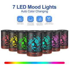 Diffuser lit with seven color LEDs on a desk.