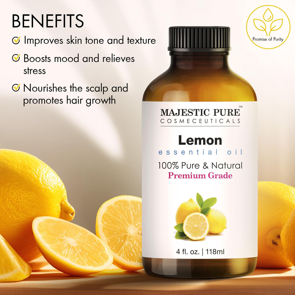 Dropper pouring lemon essential oil onto a wooden surface