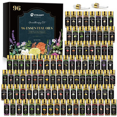 Essential Oil Set gift box opened to reveal 96 x 5ml bottles
