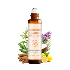 Bottle of Essential Oils Roll On with organic rosemary, lemon, eucalyptus and clove in coconut oil with vitamin E