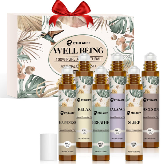 Six-pack essential oils roll-on set with six 10 ml rollerball bottles