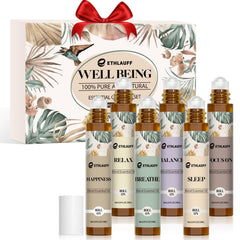 Six-pack essential oils roll-on set with six 10 ml rollerball bottles