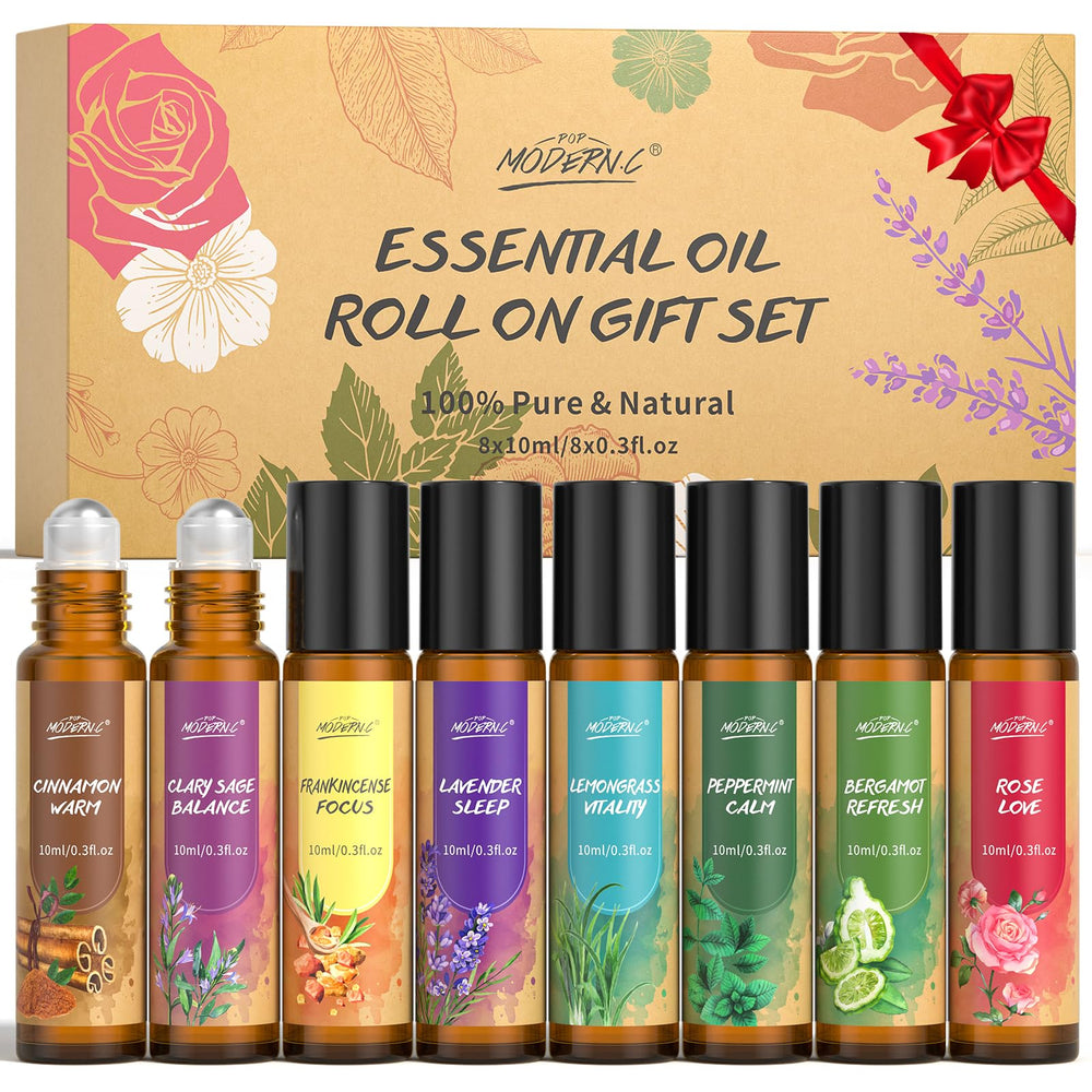 8-piece essential oils roll-on set with lavender fragrance