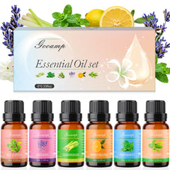 Top view of Essential Oils Set Top 6 Organic Blends with Peppermint, Tea Tree, Lavender, Eucalyptus, Lemongrass and Orange