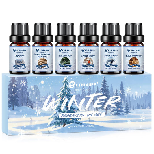 Winter essential oils gift set packaging and bottles