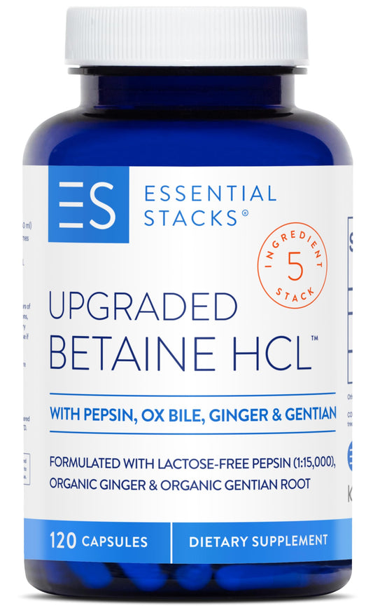 Bottle of Essential Stacks Betaine HCl with Pepsin, Ox Bile & Ginger (120 capsules)