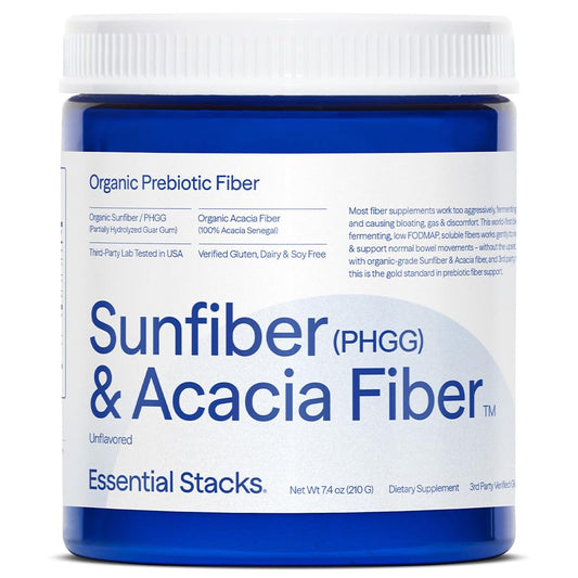 Essential Stacks Sunfiber PHGG and Acacia Prebiotic Fiber powder container front