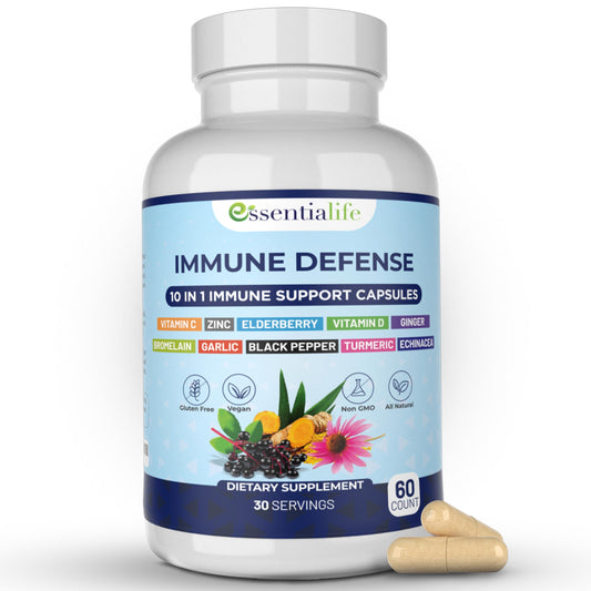 Front view of Essentialife Immune Support bottle with label